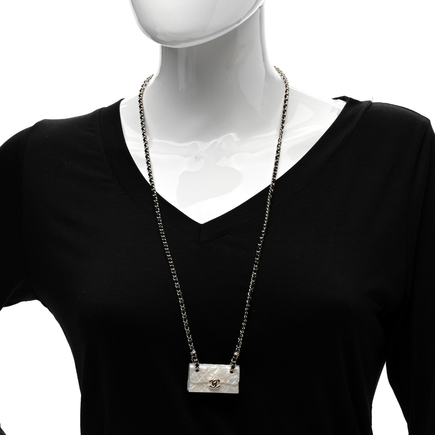 Chanel Metal Resin Calfskin Quilted CC Turnlock Chain Bag Necklace Gold White 2 of 5