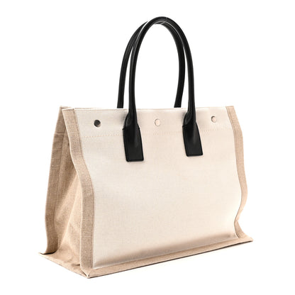 Saint Laurent Linen Calfskin Small Rive Gauche Tote Greggio Natural 3 of 9