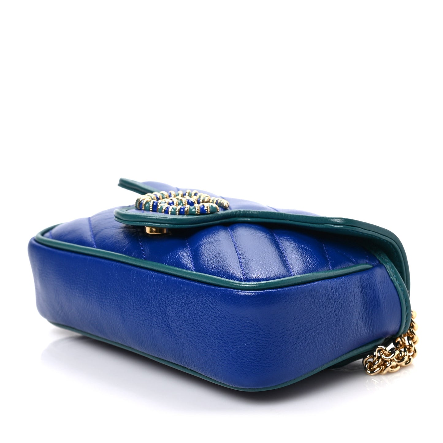 Azalea Calfskin Enamel Matelasse Diagonal Super Mini Torchon GG Marmont Shoulder Bag Imperial Blue Pavone