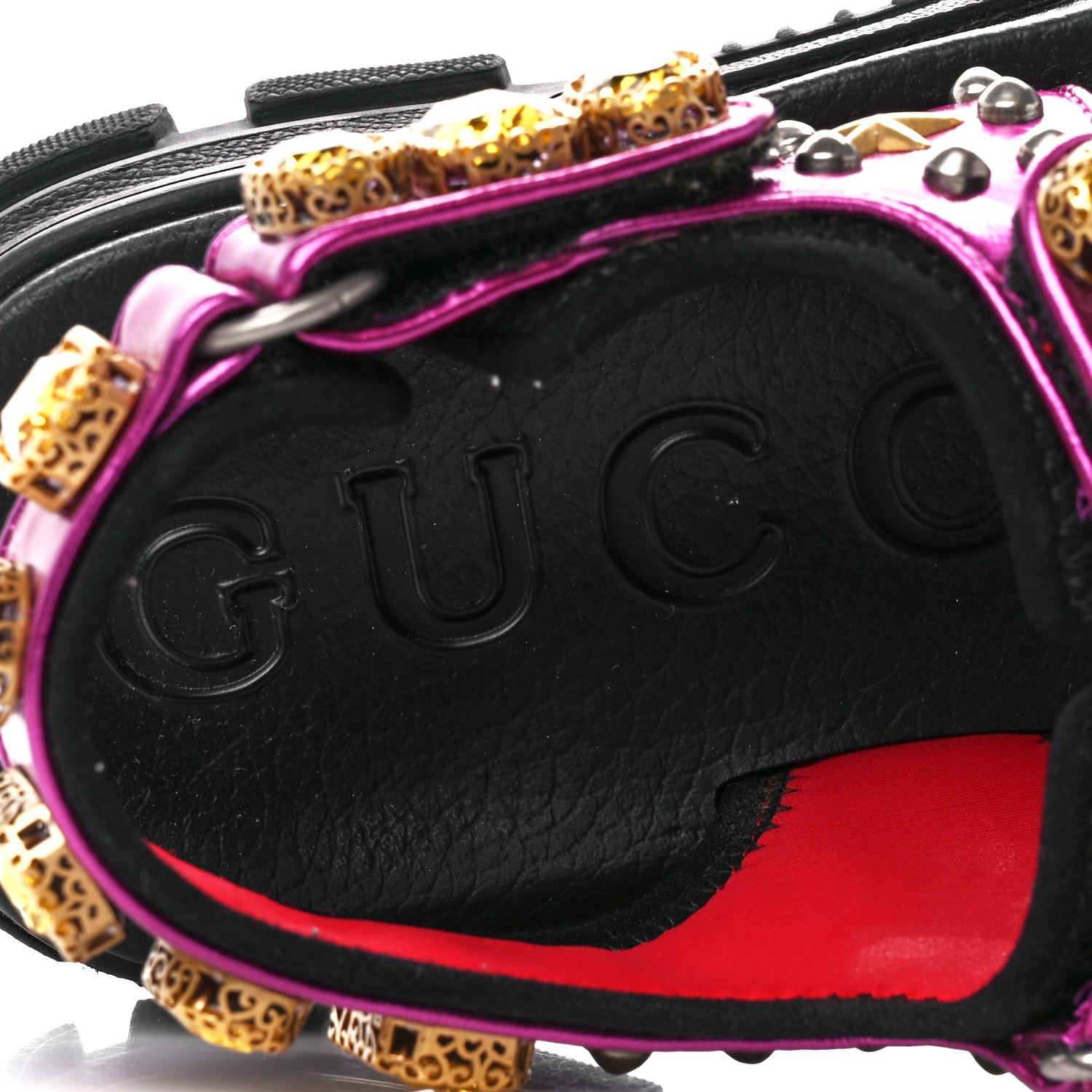 Gucci Nappa Mesh Crystal Embellished Studded Womens Aguru Sandals 38 Pink Black 7 of 10