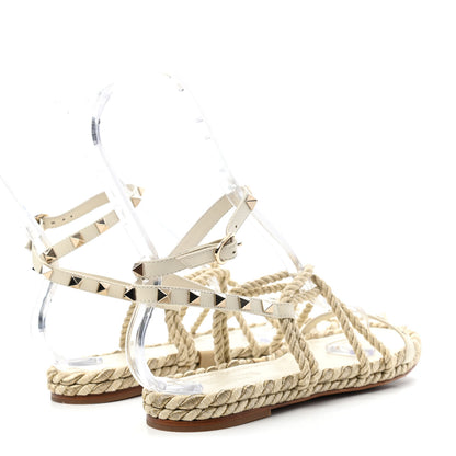 Valentino Garavani Calfskin Rockstud Torchon Rope Espadrille Flat Sandals 38 Light Ivory 4 of 4