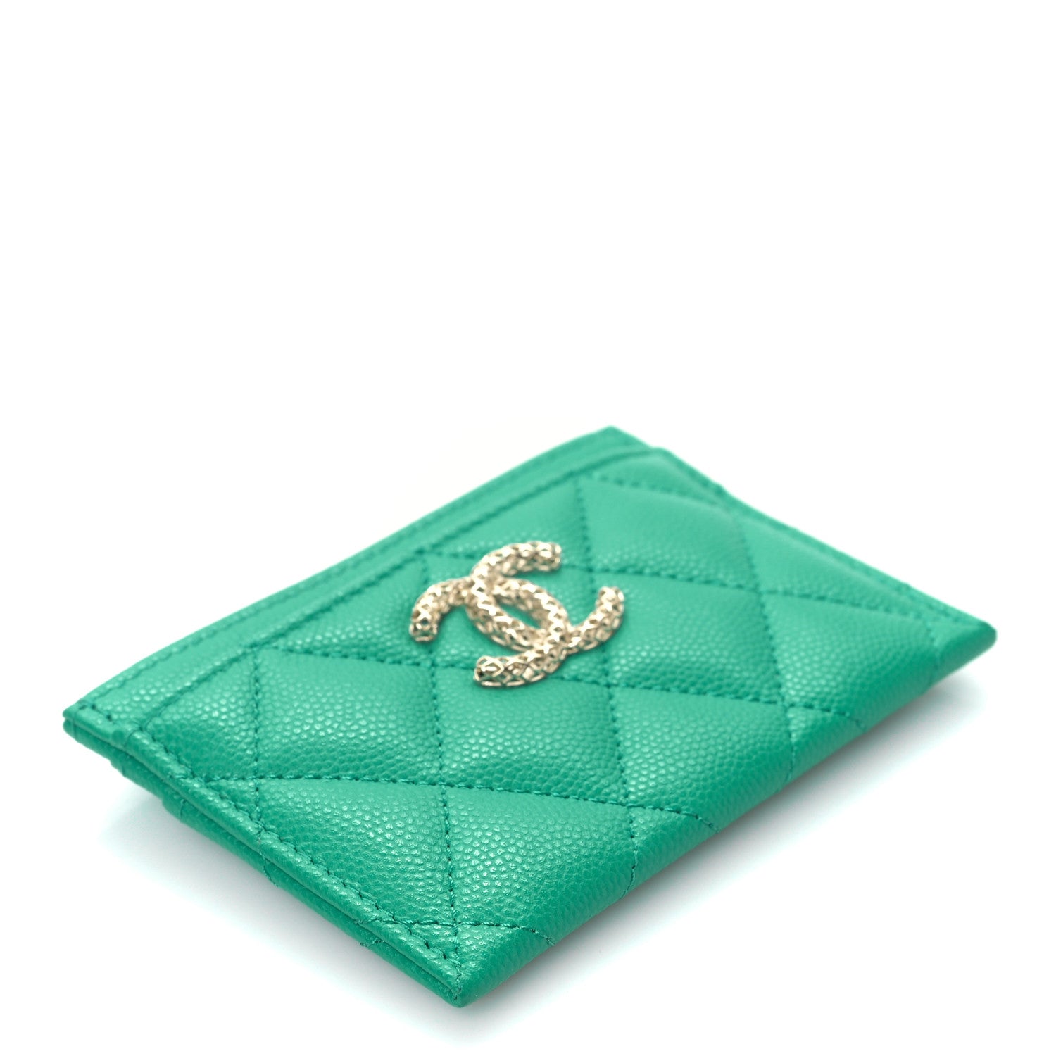 Chanel Caviar Metal Perforated Quilted CC Card Holder Green 5 of 11