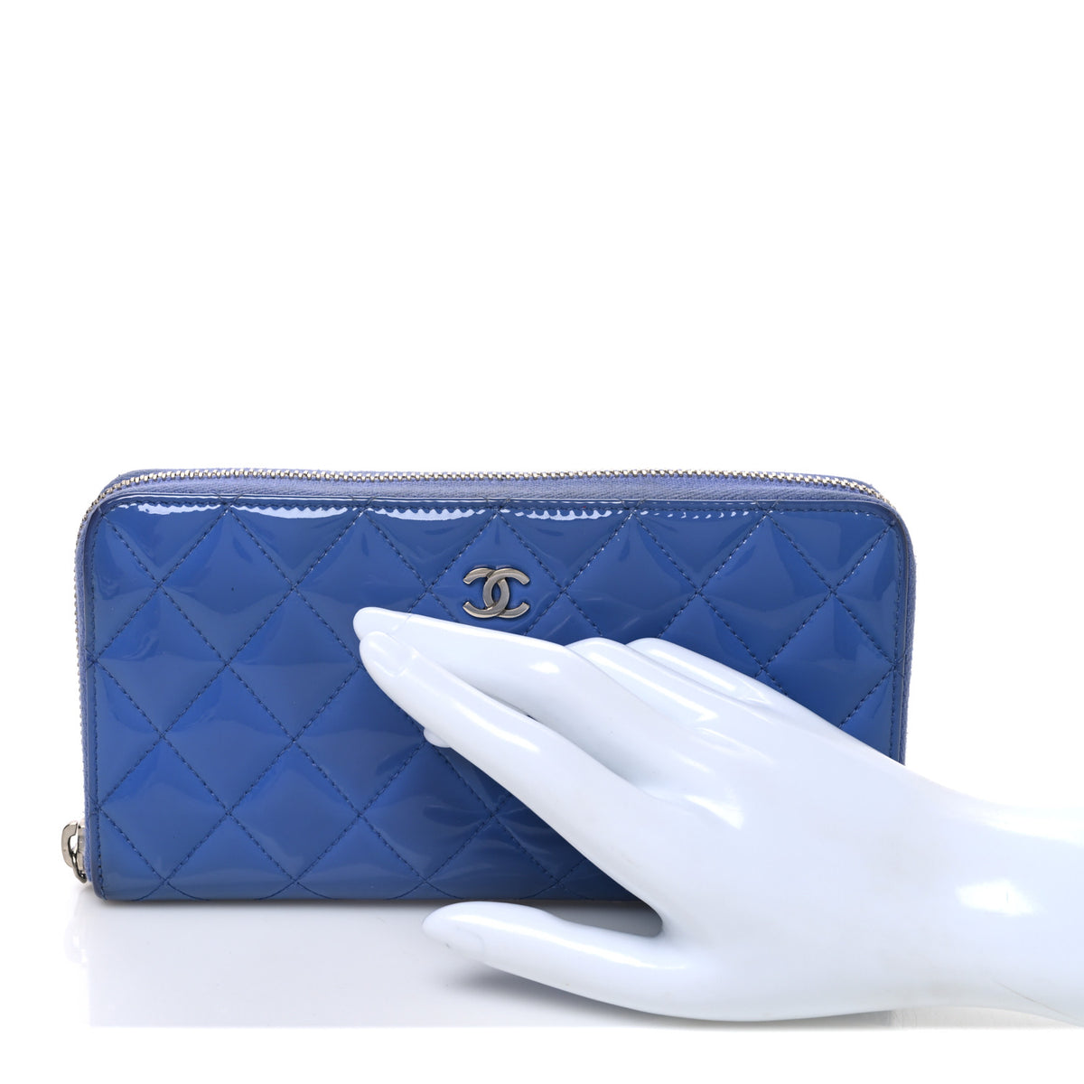 Chanel Patent Quilted Large Gusset Zip Around Wallet Blue 2 of 9
