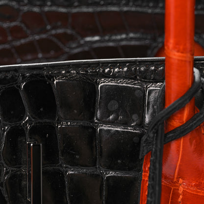 Hermes Shiny Porosus Crocodile Birkin 40 Black Orange 34 of 43