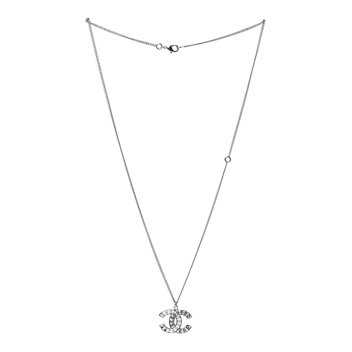 Crystal Pearl CC Pendant Necklace Silver