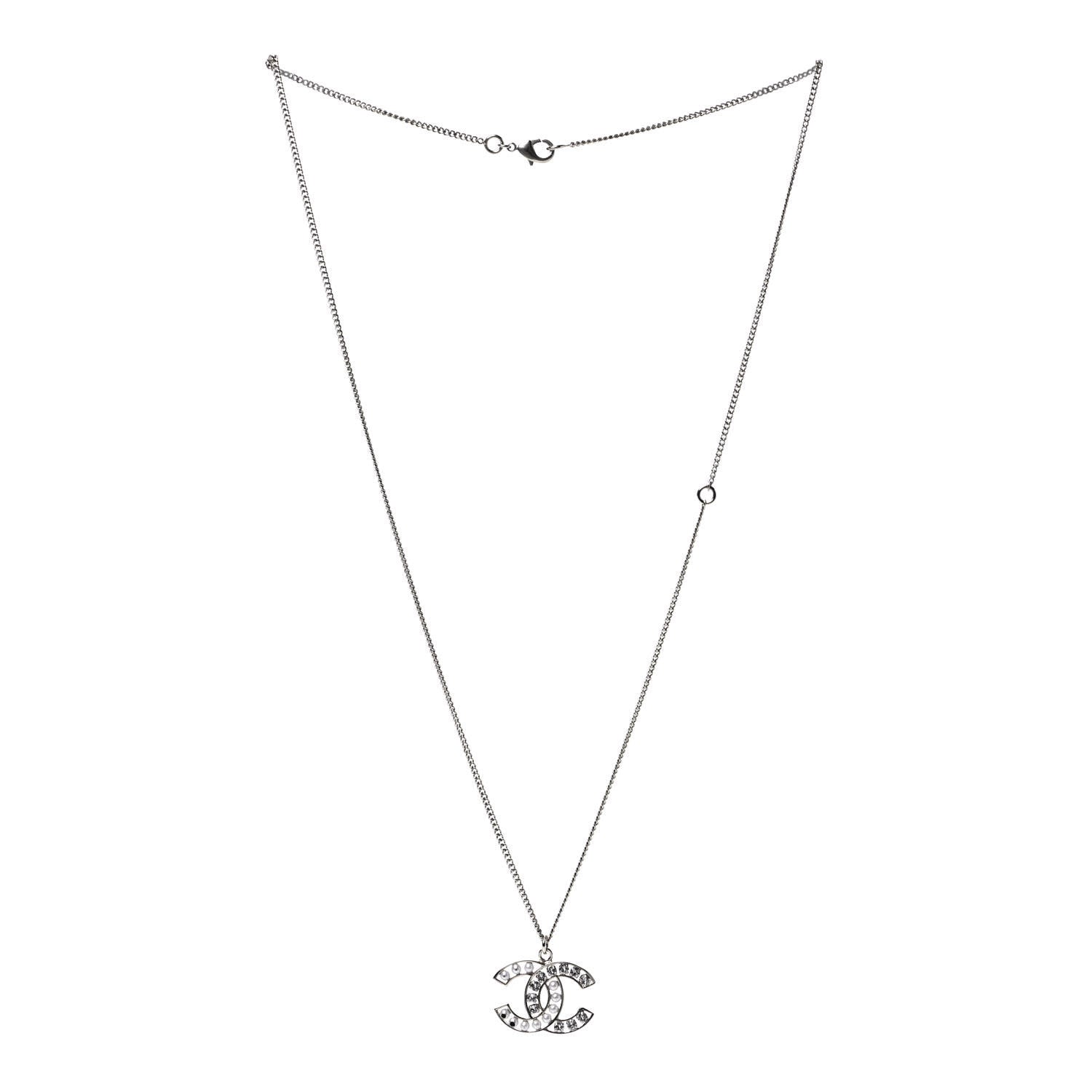 Chanel Crystal Pearl CC Pendant Necklace Silver 2 of 4