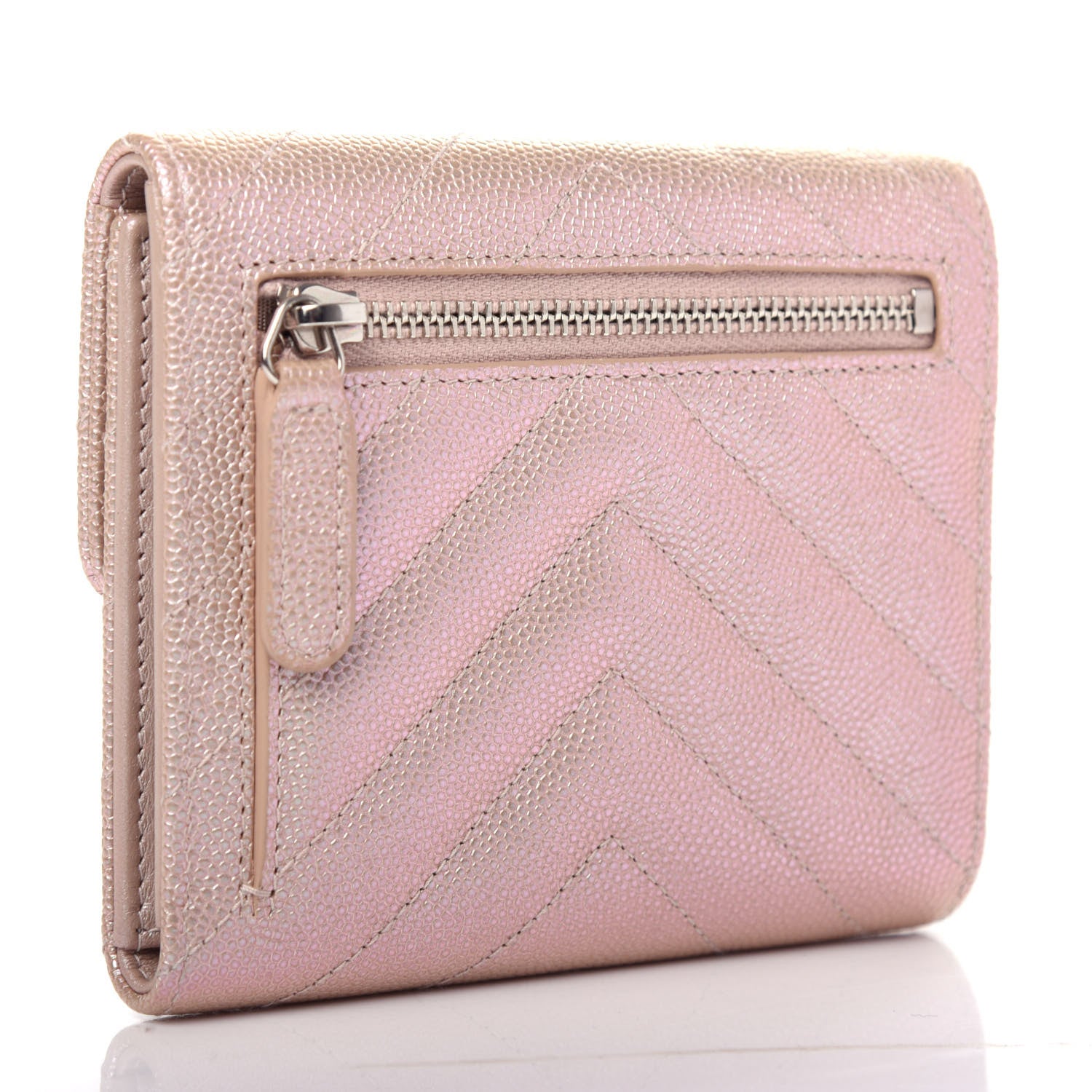 Chanel Metallic Caviar Chevron Quilted Compact Flap Wallet Light Gold 3 of 9