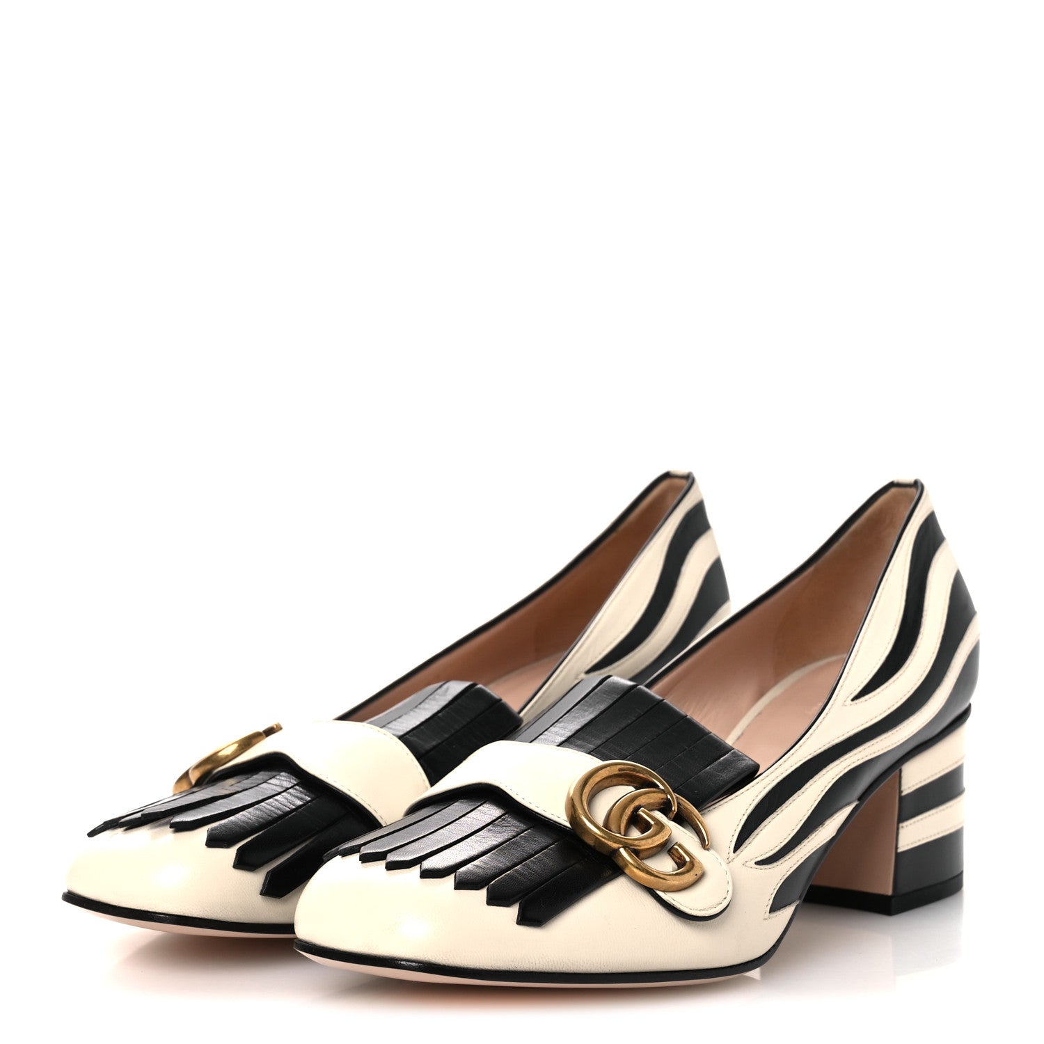 Gucci Malaga Kid Zebra Inlay GG Marmont Fringe Loafer 50mm Pumps 39.5 Mystic White Black 4 of 13