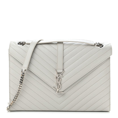 Saint Laurent Grain De Poudre Matelasse Chevron Large Monogram Satchel Light Grey 1 of 9