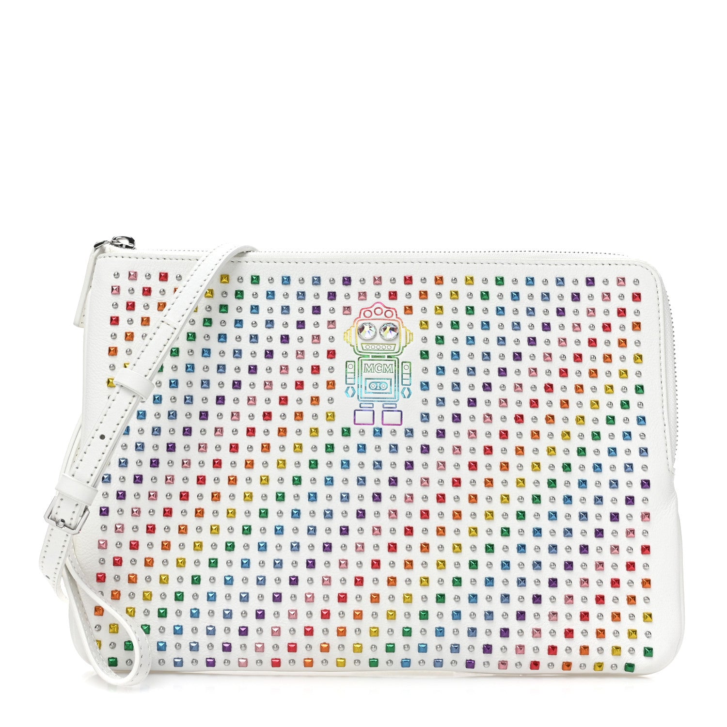 MCM Nappa Studded Medium Skyoptic Roboter Pouch White Multicolor 1 of 9