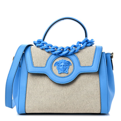 Versace Grained Calfskin Canvas Medium La Medusa Chain Top Handle Handbag Rope Blue 1 of 14