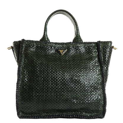 Prada Woven Goatskin Large Madras Tote Green Nero Black 1 of 10