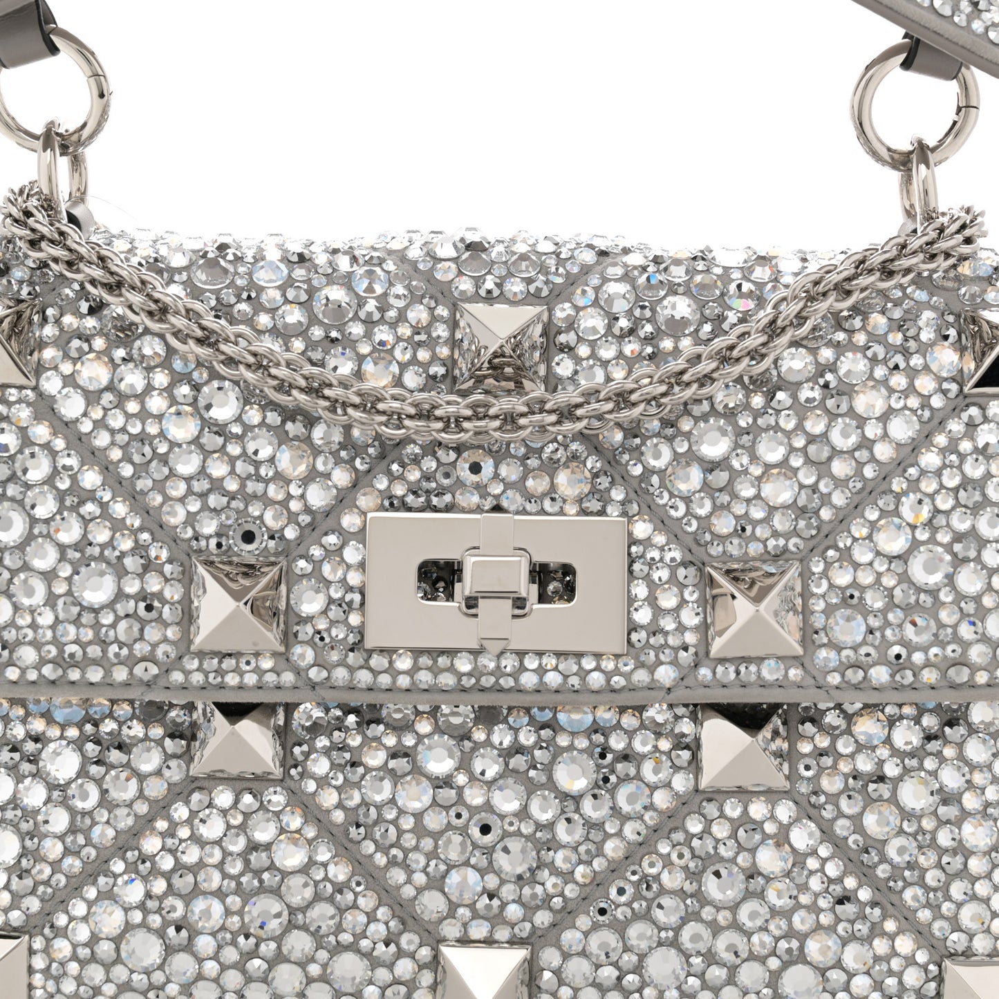 Crystal Suede Enamel Medium Roman Stud Shoulder Bag Silver