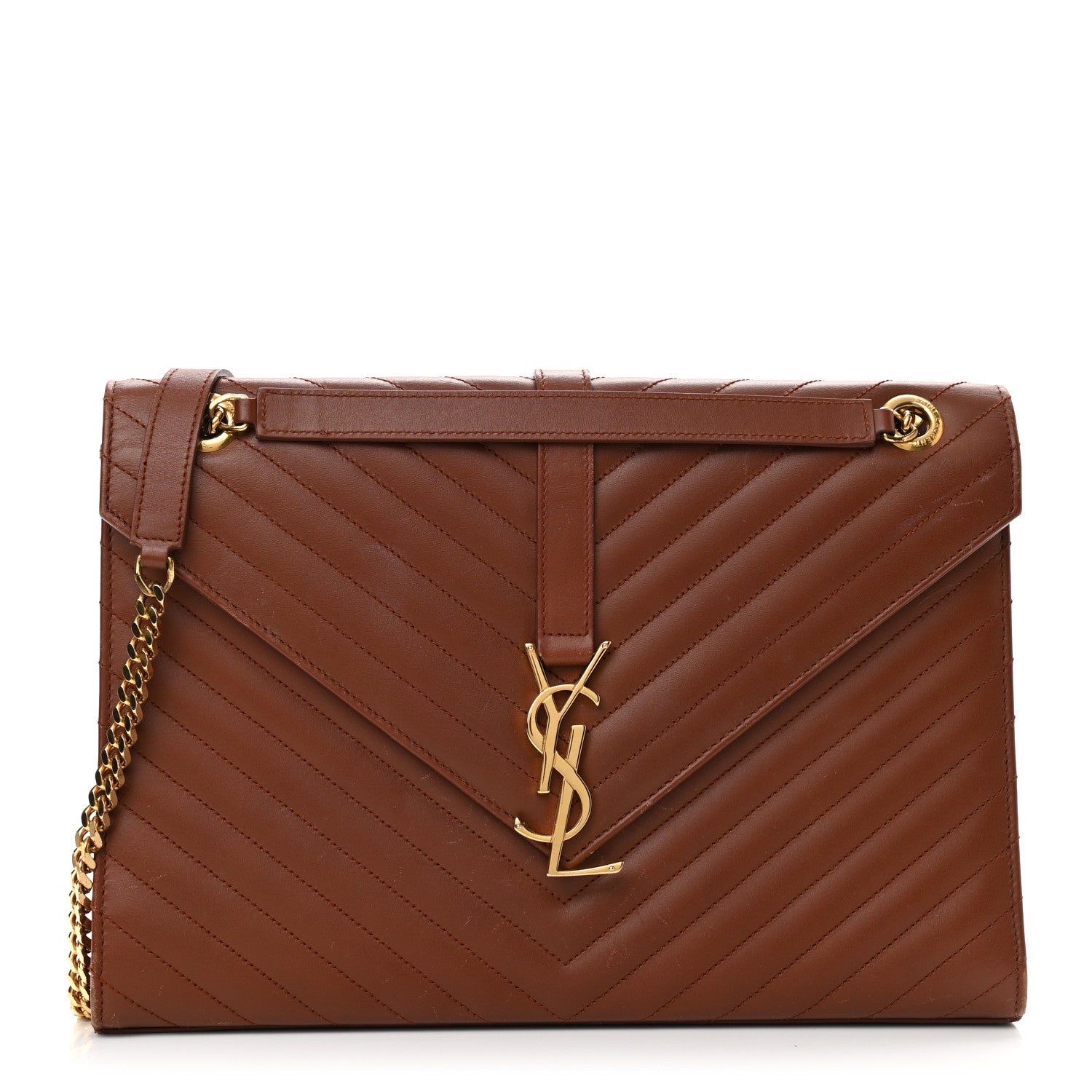 Saint Laurent Smooth Calfskin Matelasse Chevron Large Monogram Satchel Brown Brown 1 of 16