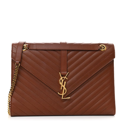 Saint Laurent Smooth Calfskin Matelasse Chevron Large Monogram Satchel Brown Brown 1 of 16