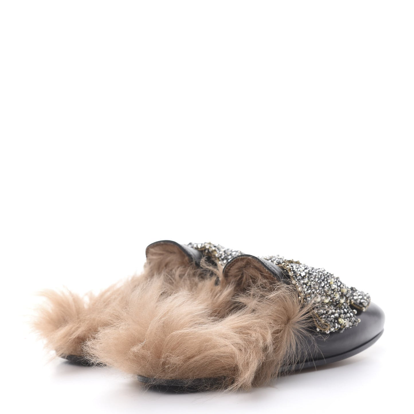 Malaga Kid Fur Crystal Bow Embroidered Womens Princetown Slippers 35.5 Black