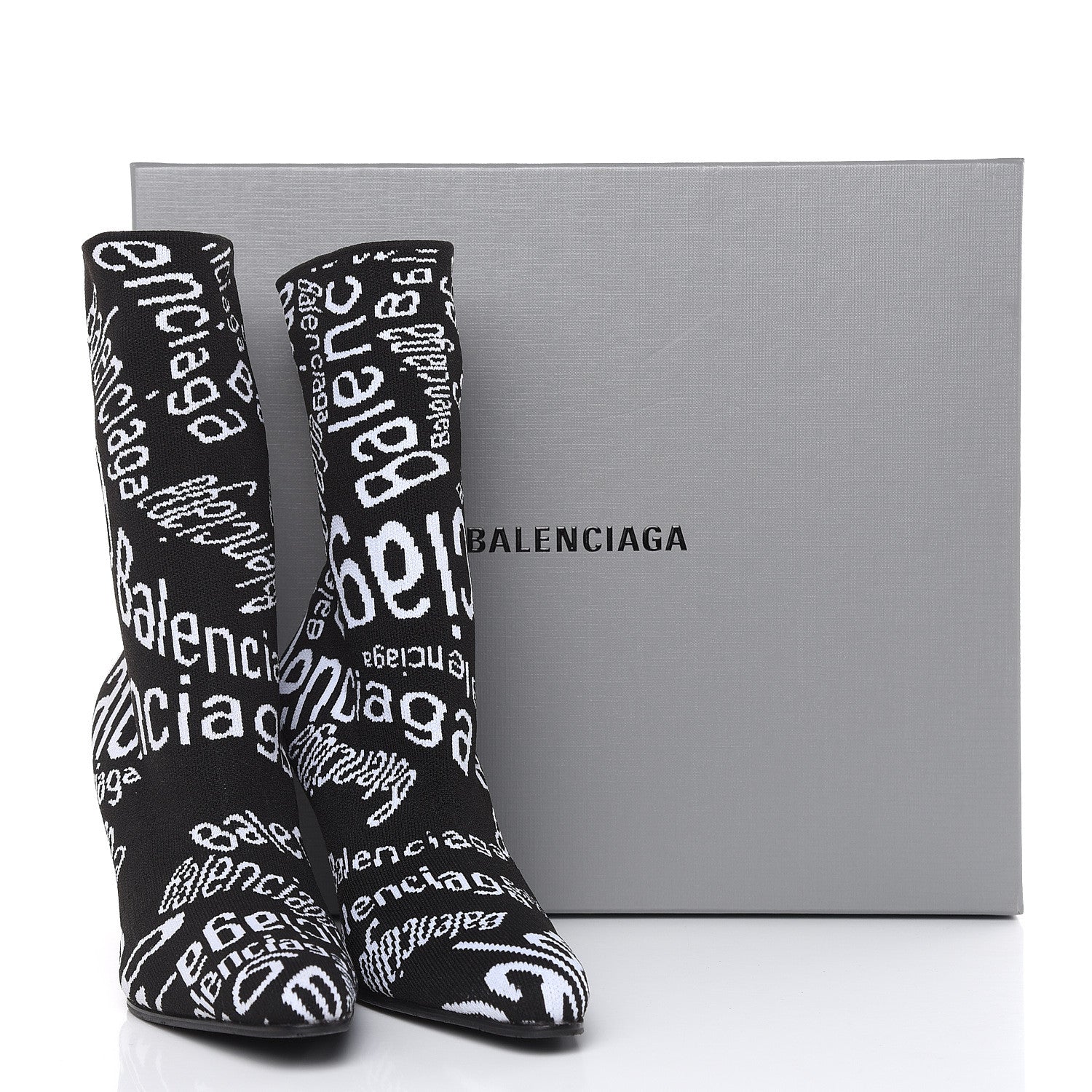 Balenciaga Knit Jacquard Curved Typo Booties 36.5 Black White 7 of 7