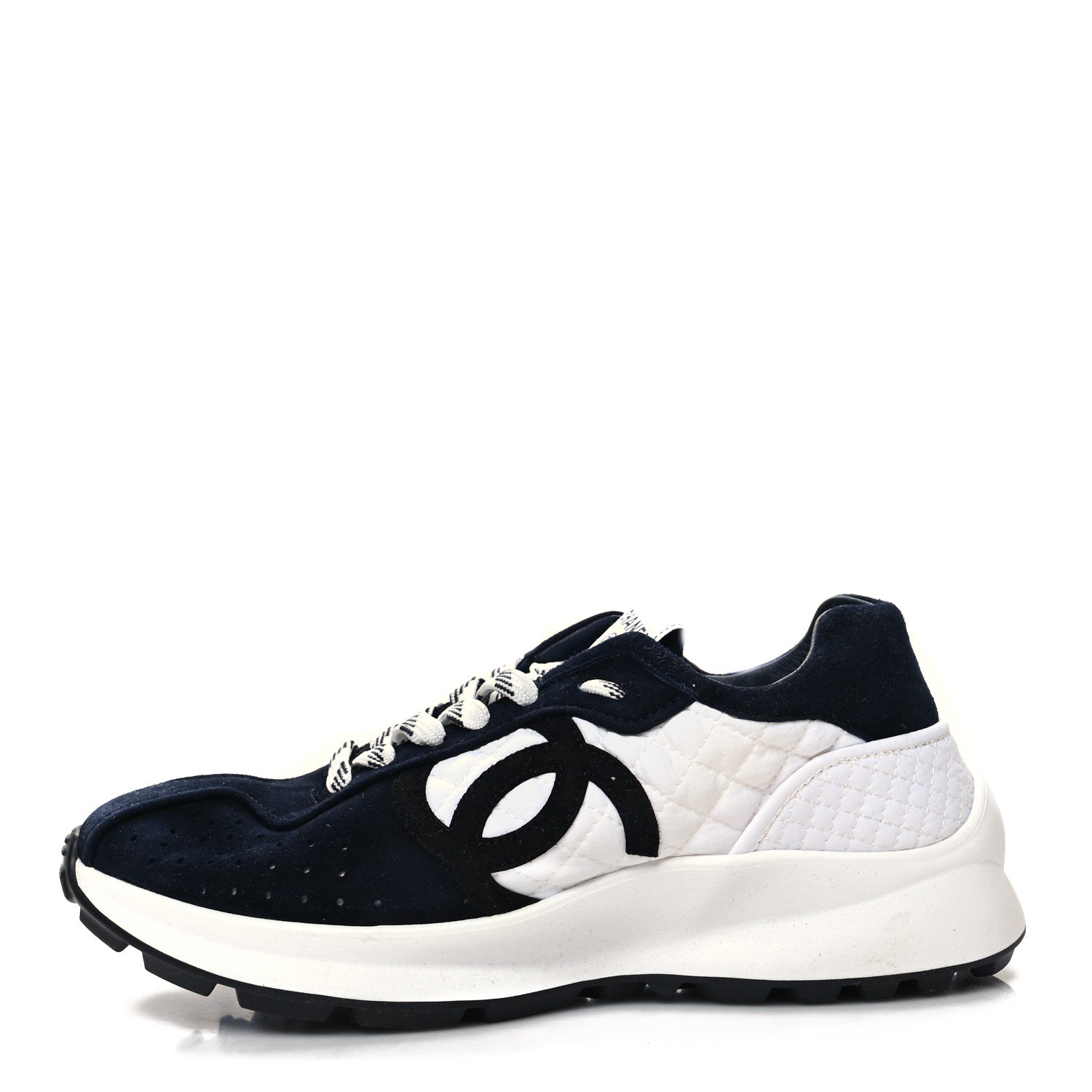Chanel Fabric Suede Kidskin CC Sneakers 39.5 Navy White 1 of 9