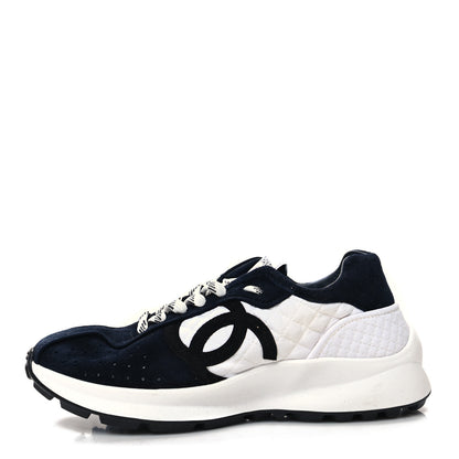 Chanel Fabric Suede Kidskin CC Sneakers 39.5 Navy White 1 of 9