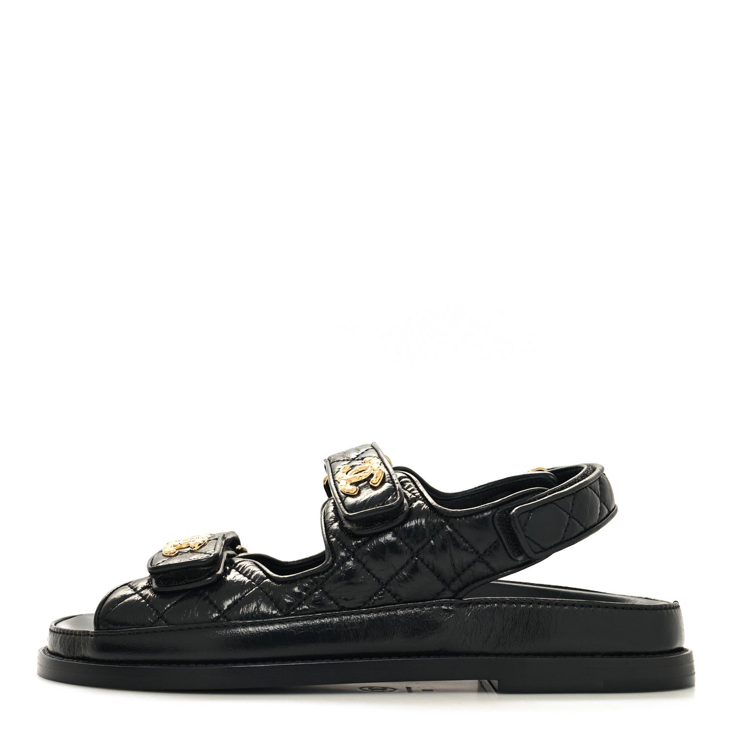Shiny Calfskin Velcro Dad Sandals 38 Black