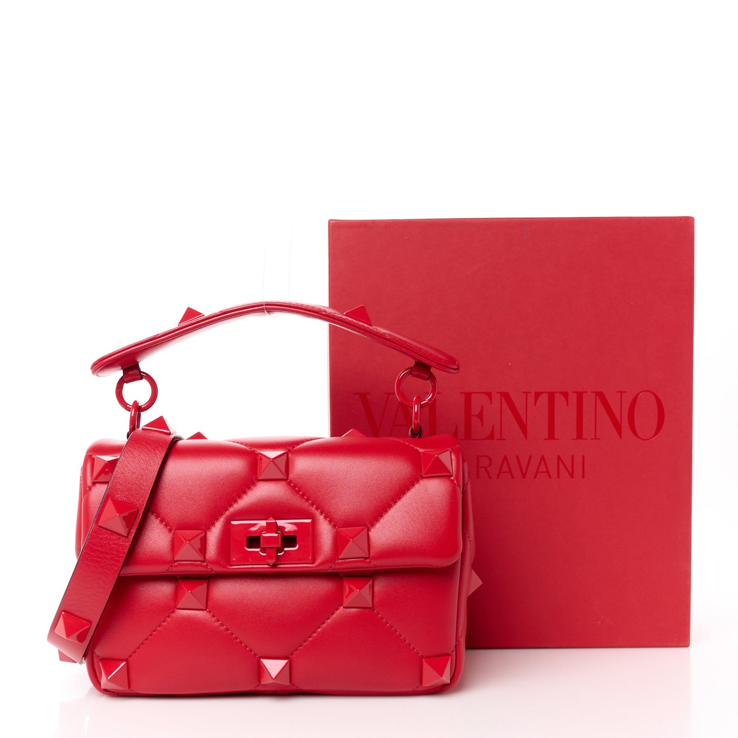 Nappa Enamel Monochrome Medium Roman Stud Shoulder Bag Rouge Pur