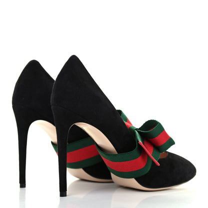 Gucci Kid Scamosciato Removable Web Bow High Heel Pumps 39.5 Black 3 of 4