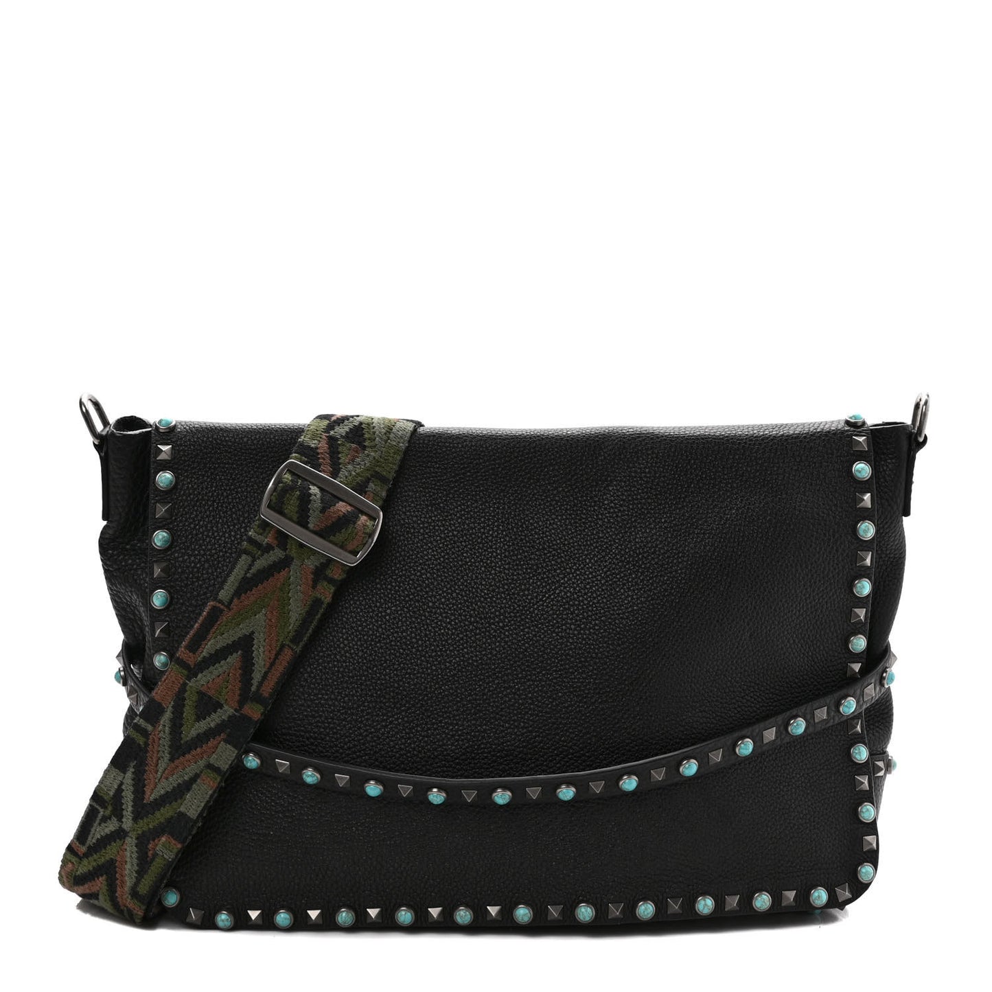 Pebbled Calfskin Rockstud Rolling Flap Messenger Bag Black