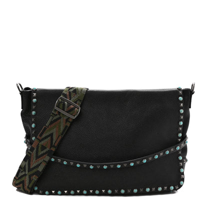 Valentino Garavani Pebbled Calfskin Rockstud Rolling Flap Messenger Bag Black 1 of 9