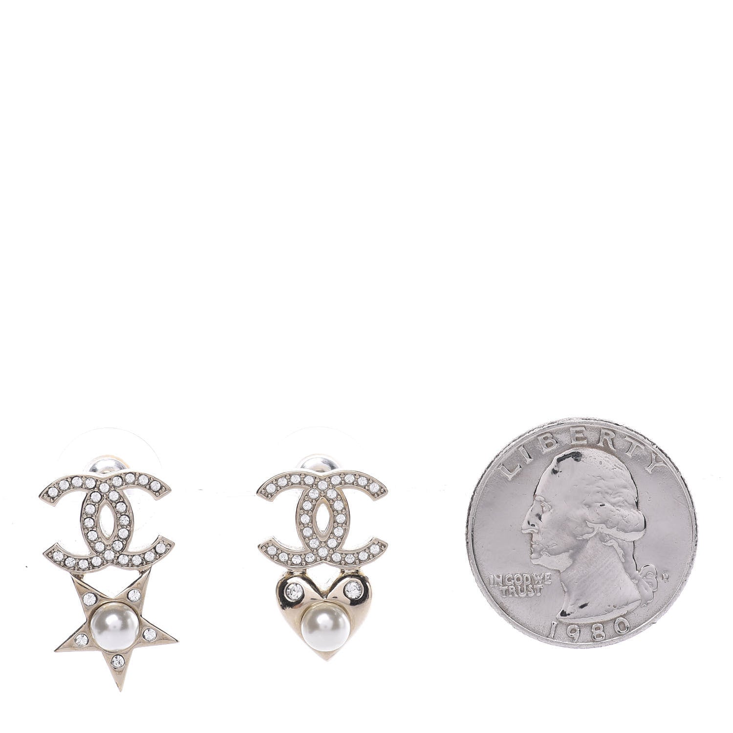 Chanel Crystal Pearl Charming Winter CC Star Heart Earrings Gold 2 of 5