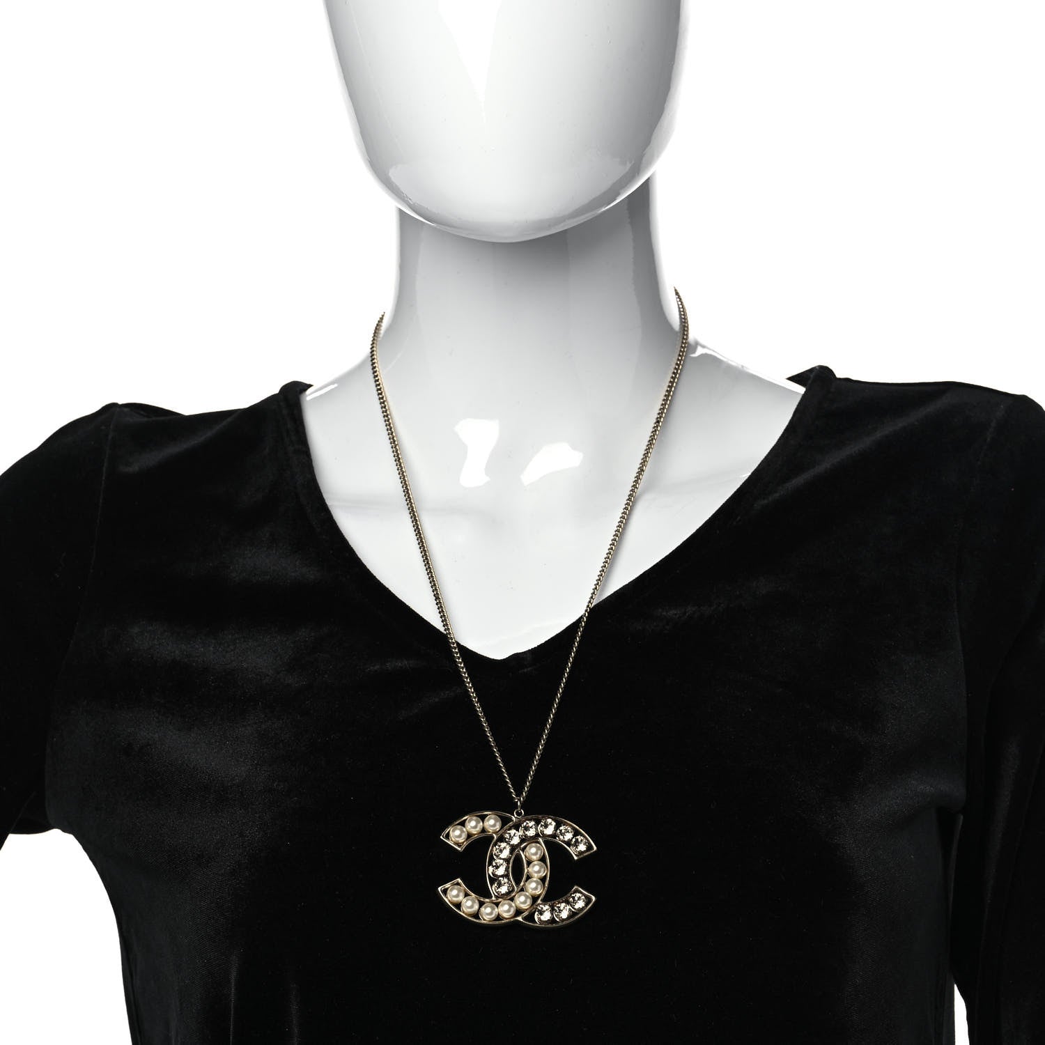 Chanel Pearl Crystal CC Pendant Necklace Gold 2 of 4