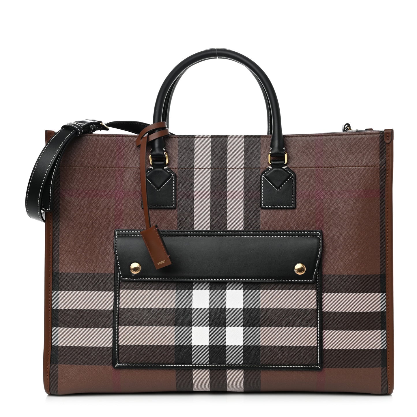 E-Canvas Check Calfskin Medium Freya Tote Dark Birch Brown