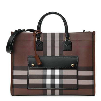 Burberry E-Canvas Check Calfskin Medium Freya Tote Dark Birch Brown 1 of 9