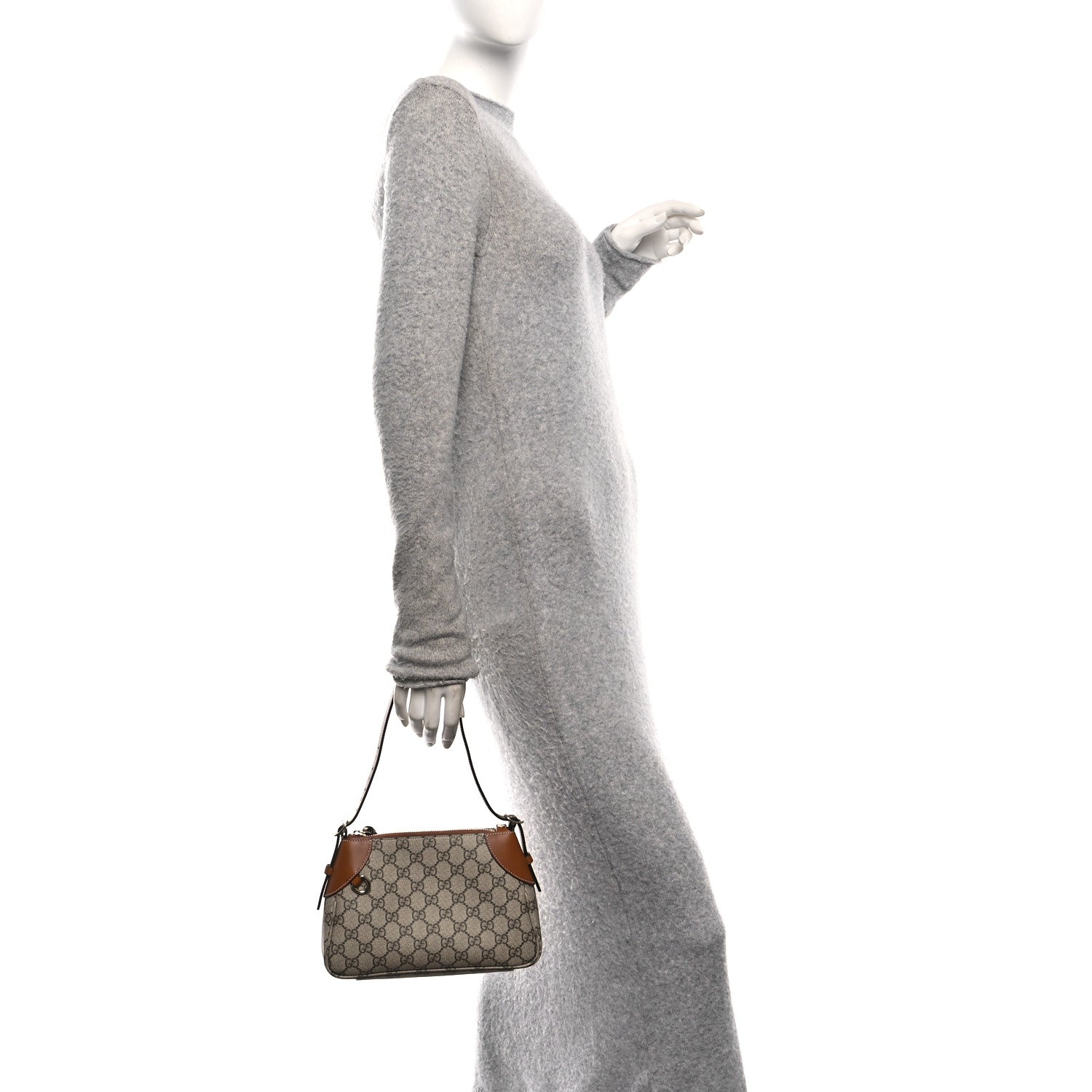 Gucci GG Supreme Monogram Textured Calfskin Small Emblem Shoulder Bag Beige Dark Brown 2 of 11