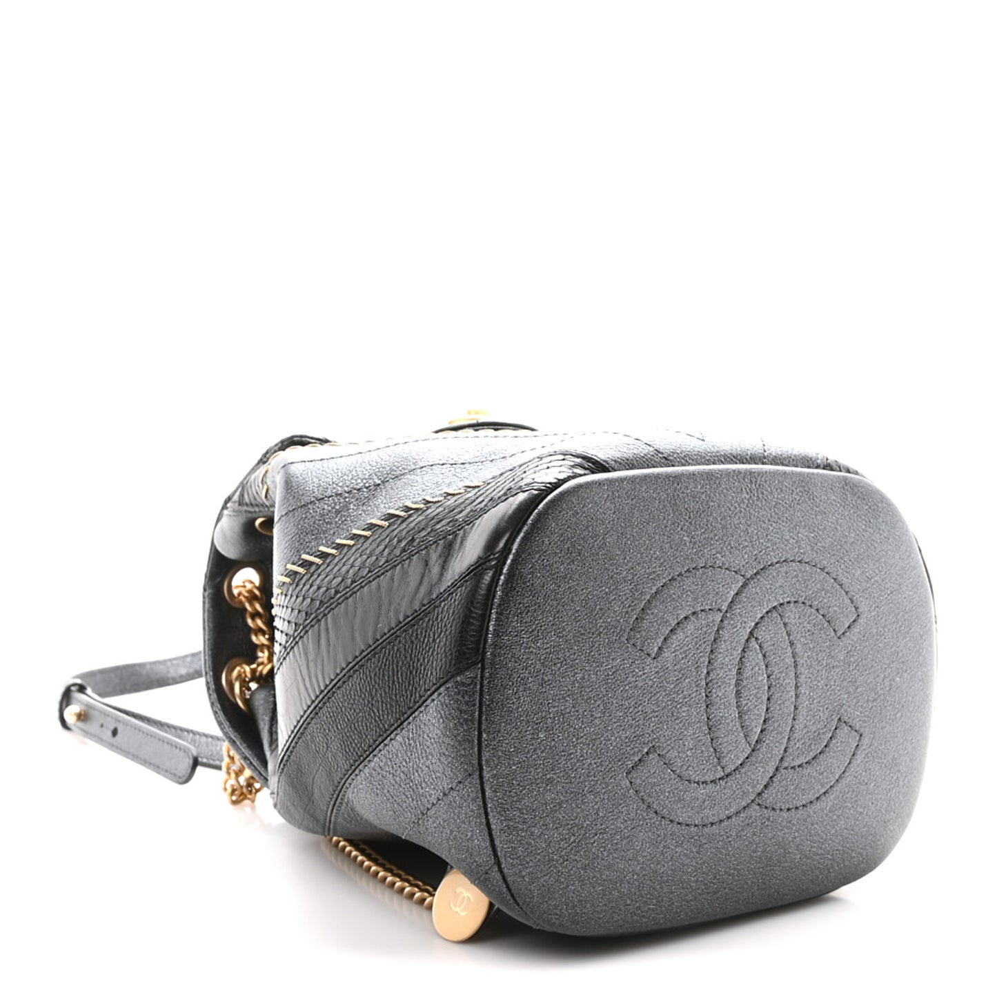 Metallic Calfskin Snakeskin Chevron Quilted Backpack Black Silver