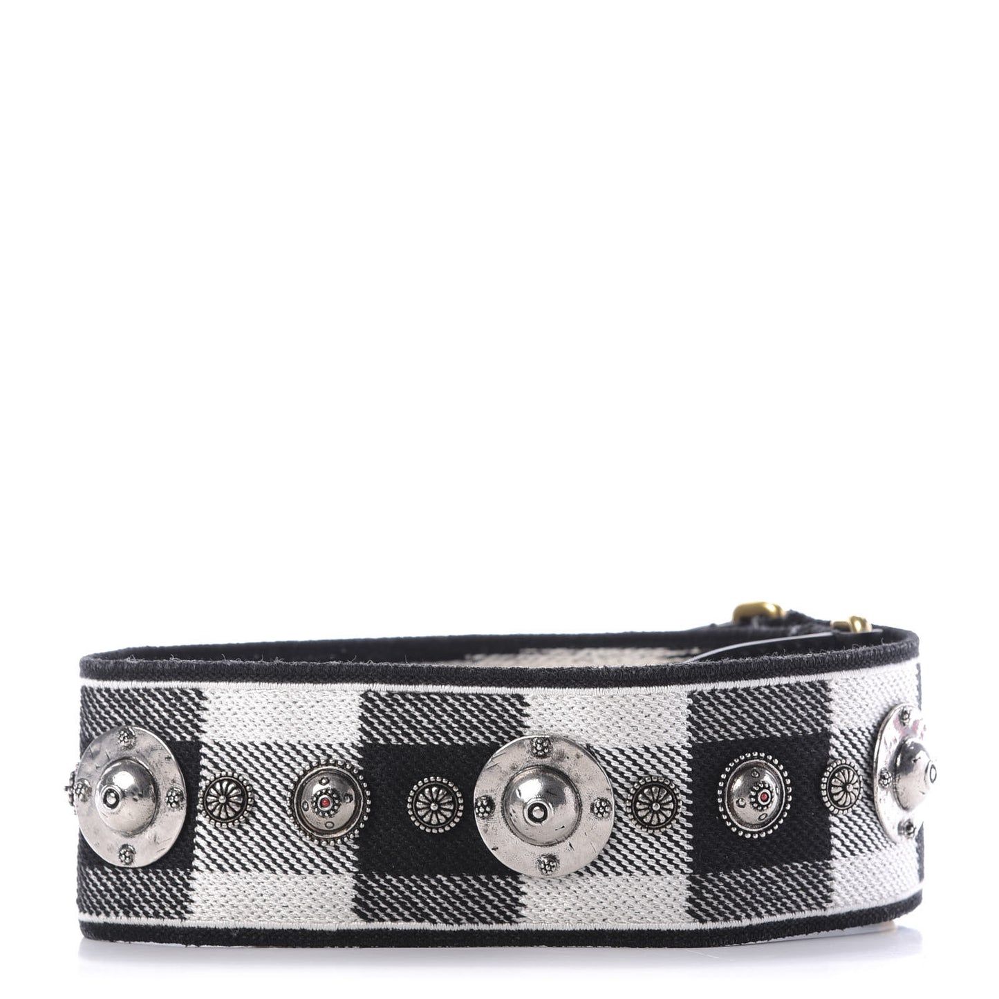 Canvas Embroidered Studded Checkered Embroidered Shoulder Strap White Black