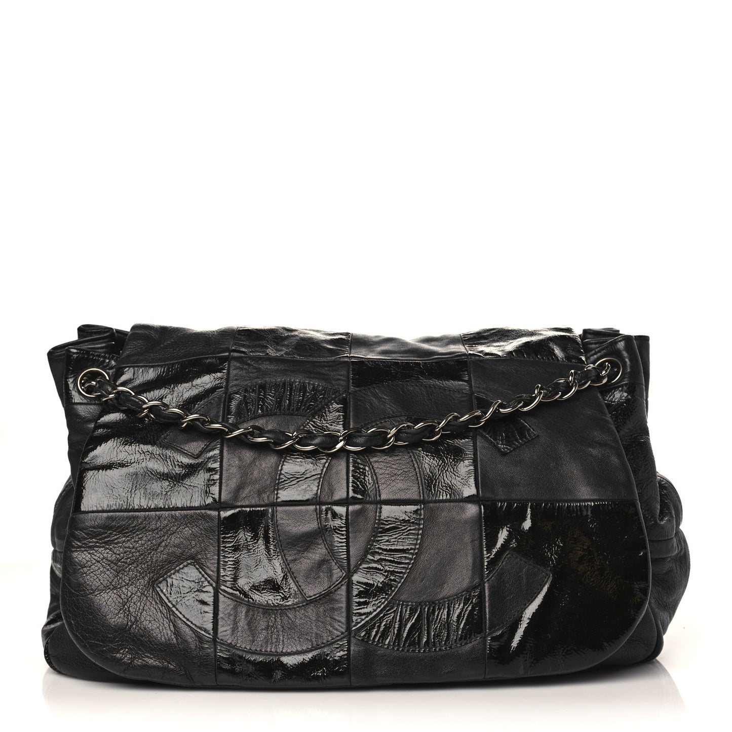 Lambskin Patent Calfskin Brooklyn Patchwork Accordion Flap Black