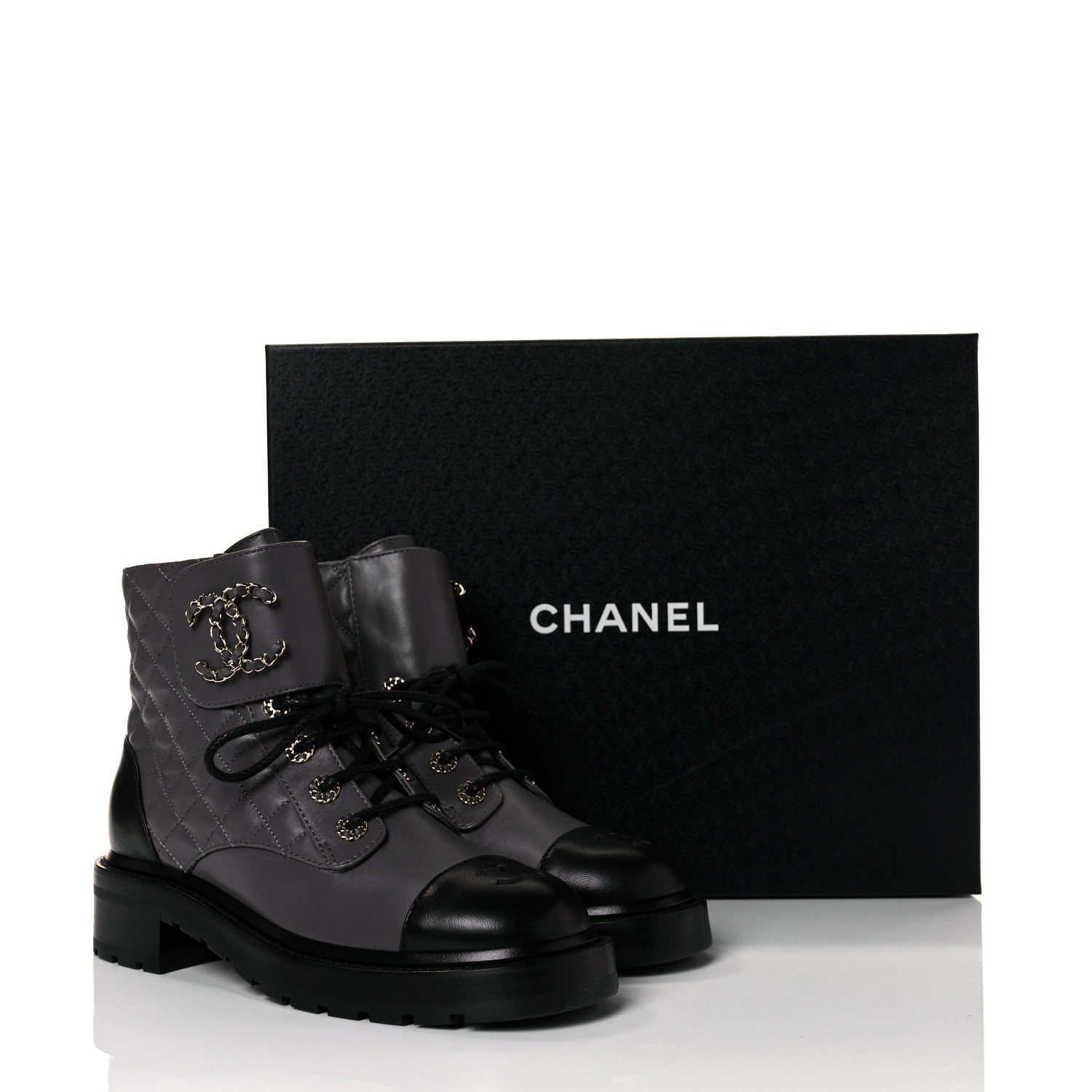 Chanel Shiny Lambskin Quilted Lace Up Combat Boots 38.5 Grey Black 8 of 8