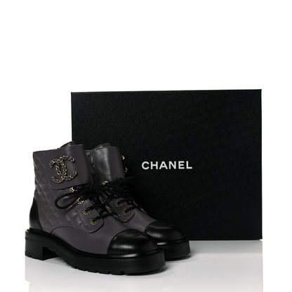 Chanel Shiny Lambskin Quilted Lace Up Combat Boots 38.5 Grey Black 8 of 8