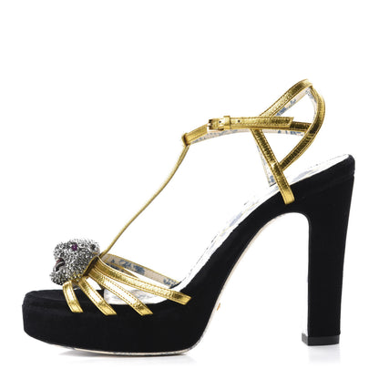 Gucci Velvet Nappa Elias T-Strap Platform High Heel Sandals 36.5 Black Gold 1 of 10