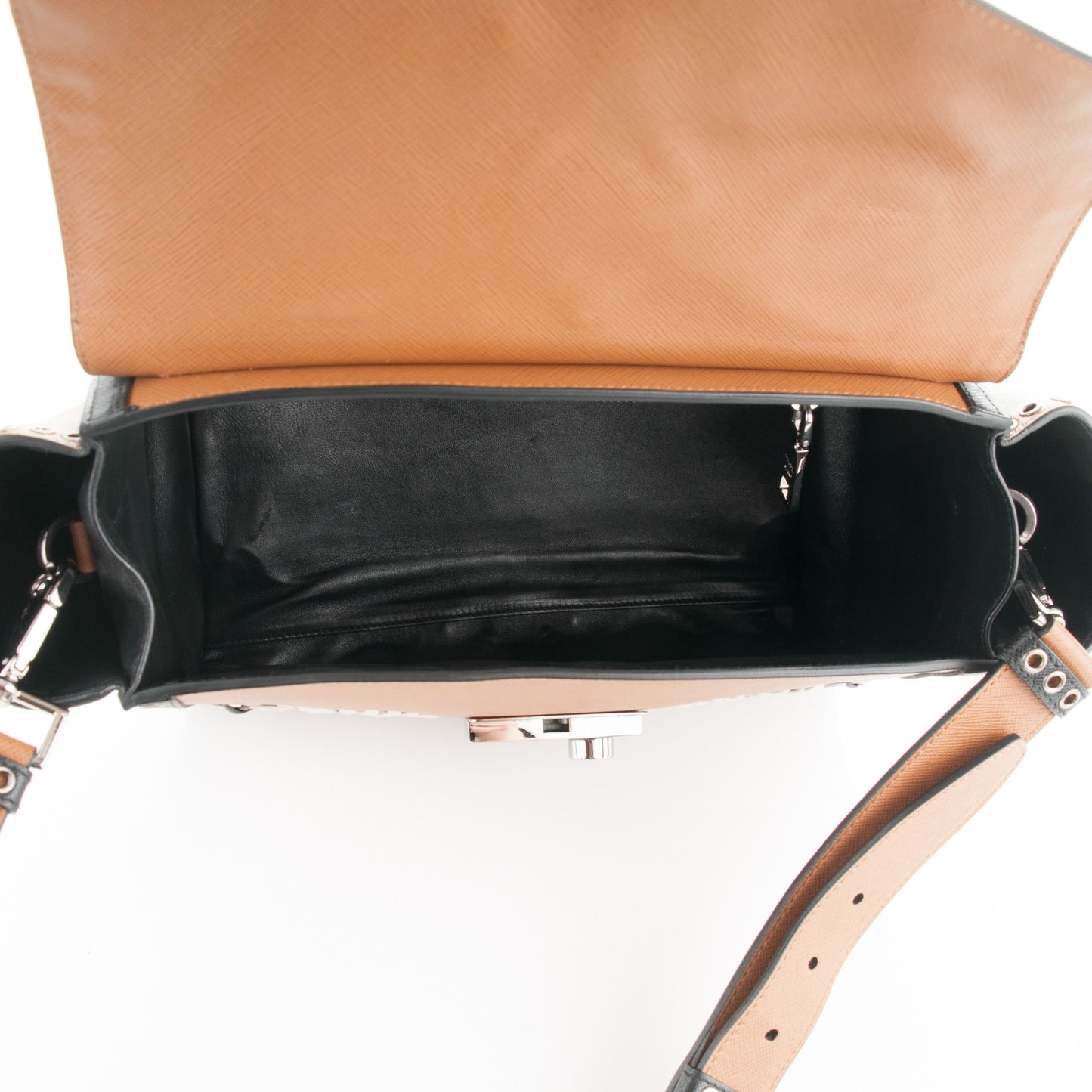 Saffiano Embroidered Pattina Sound Twin Pocket Satchel Caramel