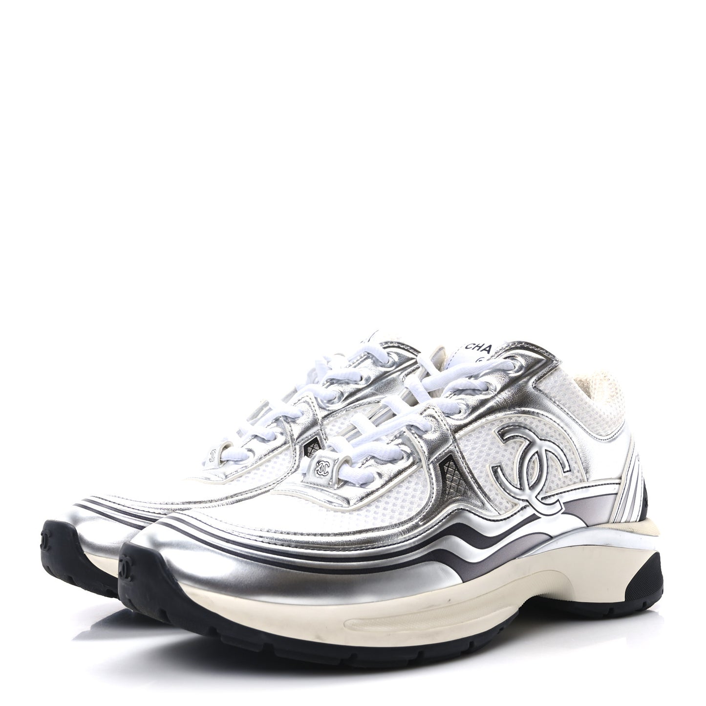 Fabric Laminated Calfskin Stretch CC Sneakers 39 White Silver