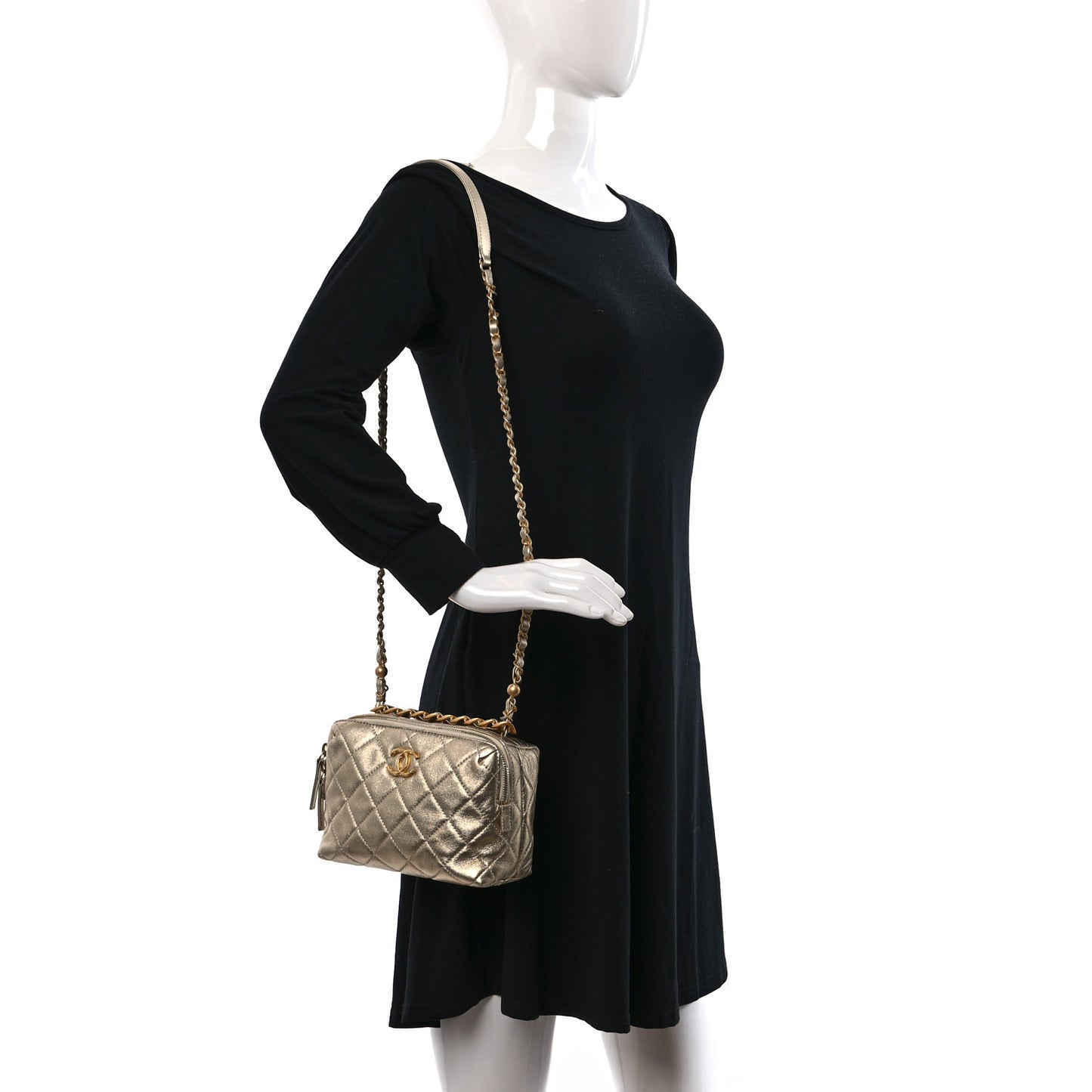 Metallic Lambskin Quilted Mini Bowling Bag Gold