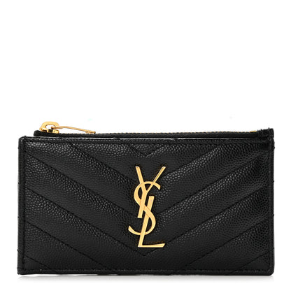 Saint Laurent Grain De Poudre Matelasse Chevron Monogram Fragments Zippered Card Case Black 1 of 7