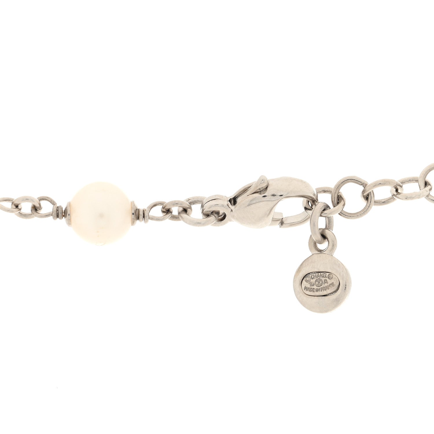 Chanel Crystal Pearl CC Bow Long Necklace Silver Grey 4 of 4