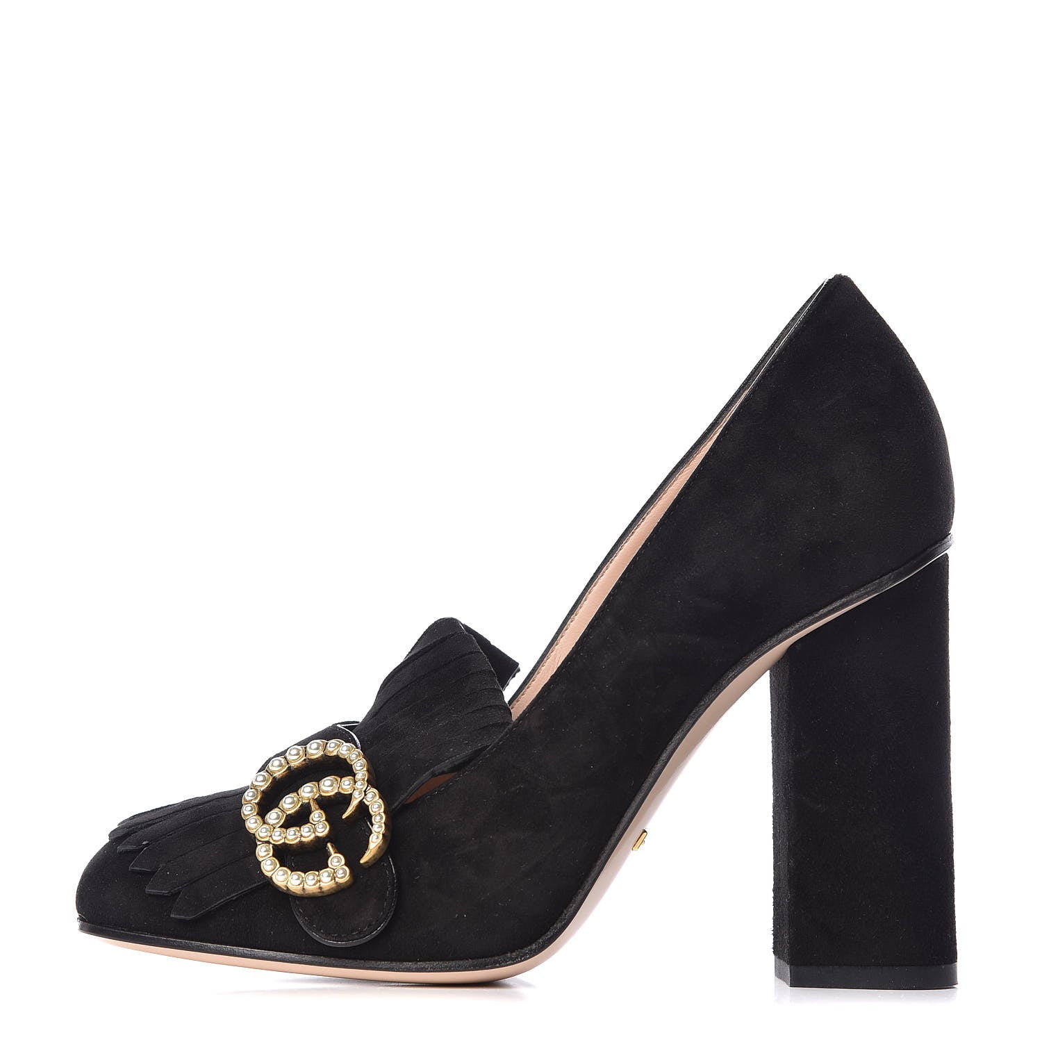 Gucci Kid Scamosciato Pearly GG Marmont Fringe 105mm Loafer Pumps 36.5 Black 1 of 9