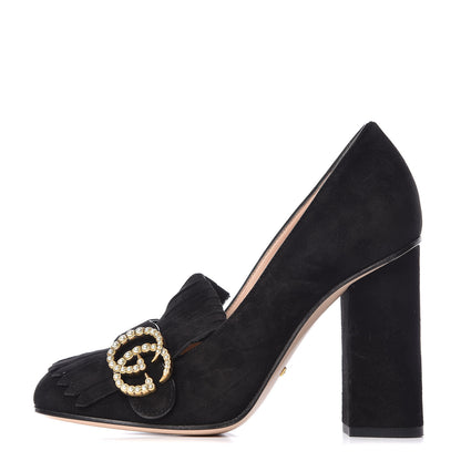 Gucci Kid Scamosciato Pearly GG Marmont Fringe 105mm Loafer Pumps 36.5 Black 1 of 9