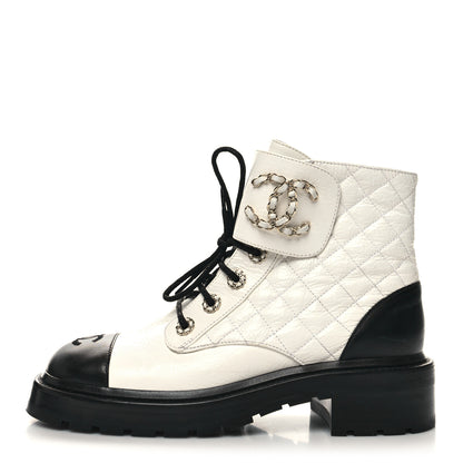 Chanel Shiny Goatskin Calfskin Quilted Lace Up Combat Boots 38.5 White Black 1 of 9