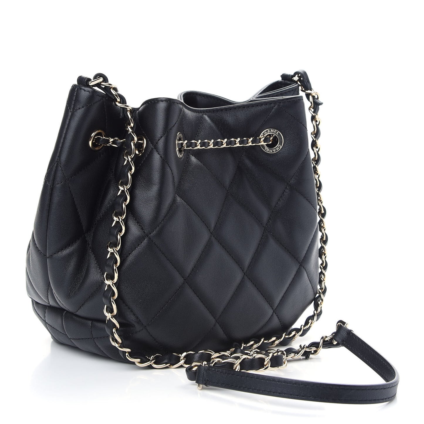 Lambskin Quilted CC Dweller Drawstring Bucket Bag Black