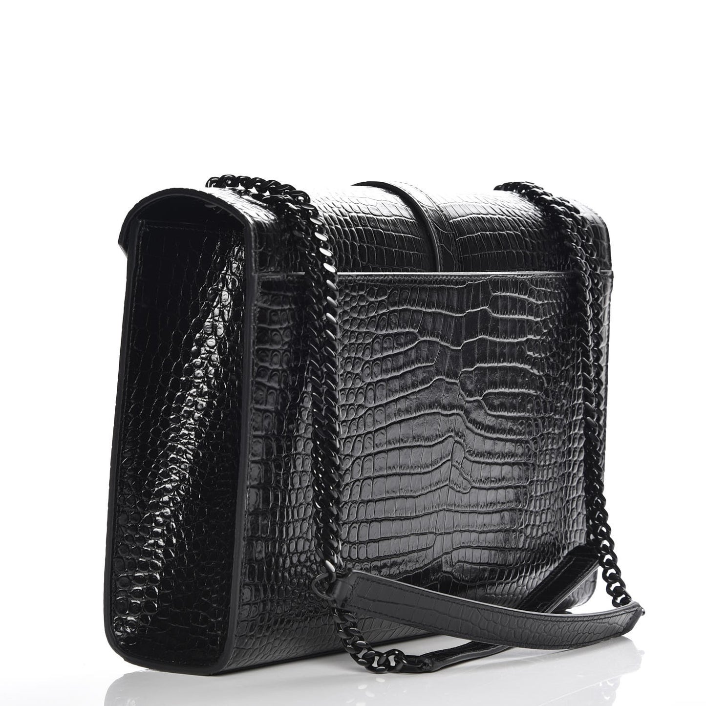 Calfskin Crocodile Embossed Monogram Large Satchel Black