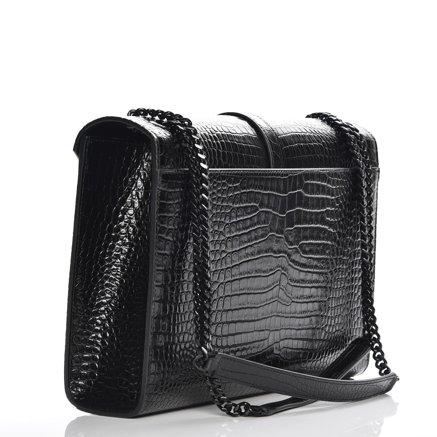 Saint Laurent Calfskin Crocodile Embossed Monogram Large Satchel Black 3 of 7